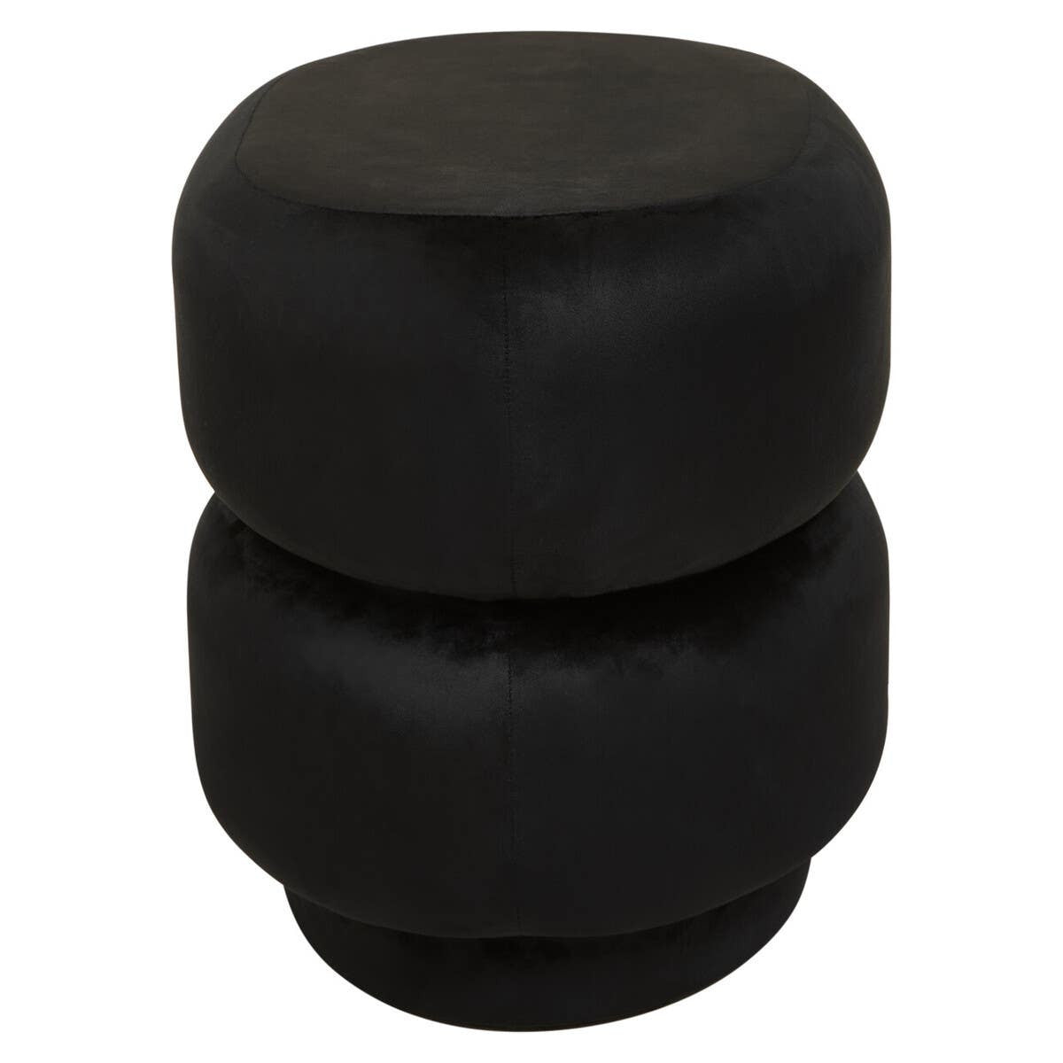 Black velvet oval pouffe with a smooth, rounded top and a slightly tapered base, showcasing a plush texture and a sleek design suitable for modern home decor