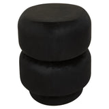 Black velvet oval pouffe with a smooth, rounded top and a slightly tapered base, showcasing a plush texture and a sleek design suitable for modern home decor