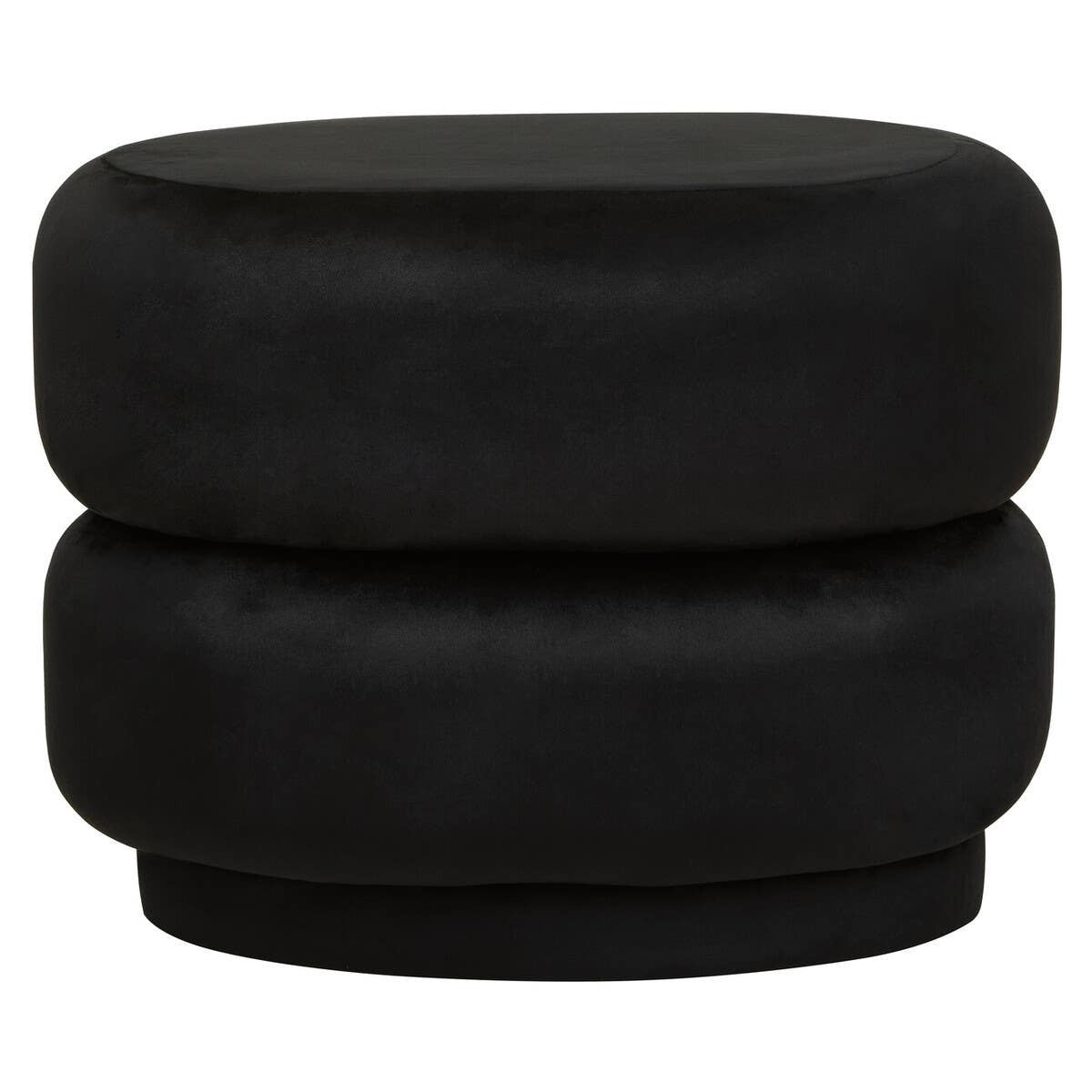 Black velvet oval pouffe featuring a smooth, plush surface and a rounded design, with two stacked sections creating a modern and stylish look