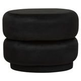 Black velvet oval pouffe featuring a smooth, plush surface and a rounded design, with two stacked sections creating a modern and stylish look