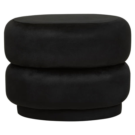 Black velvet oval pouffe featuring a smooth, plush surface and a rounded design, with two stacked sections creating a modern and stylish look