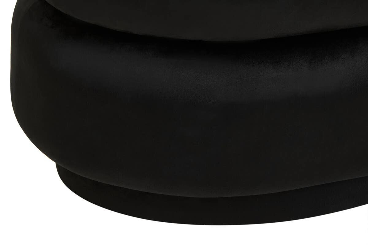 Black velvet oval pouffe with a smooth, rounded top and a cushioned design, featuring a sleek, minimalist aesthetic and a sturdy base