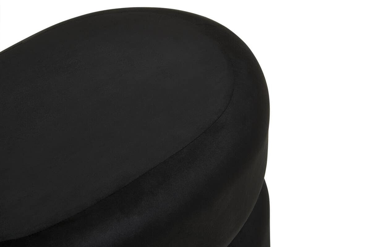 Black velvet oval pouffe with a smooth, rounded top and a sleek design, showcasing a rich texture and elegant appearance