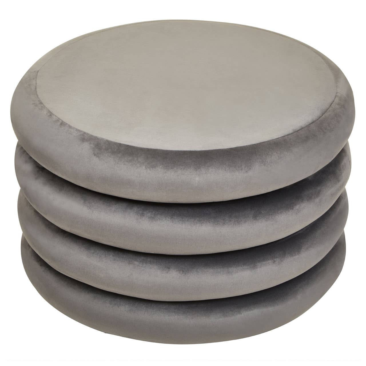 Round pouffe in a soft grey velvet finish, featuring a smooth, rounded top and a stacked design with four visible layers. The texture appears plush and inviting, suitable for use as a footrest or additional seating