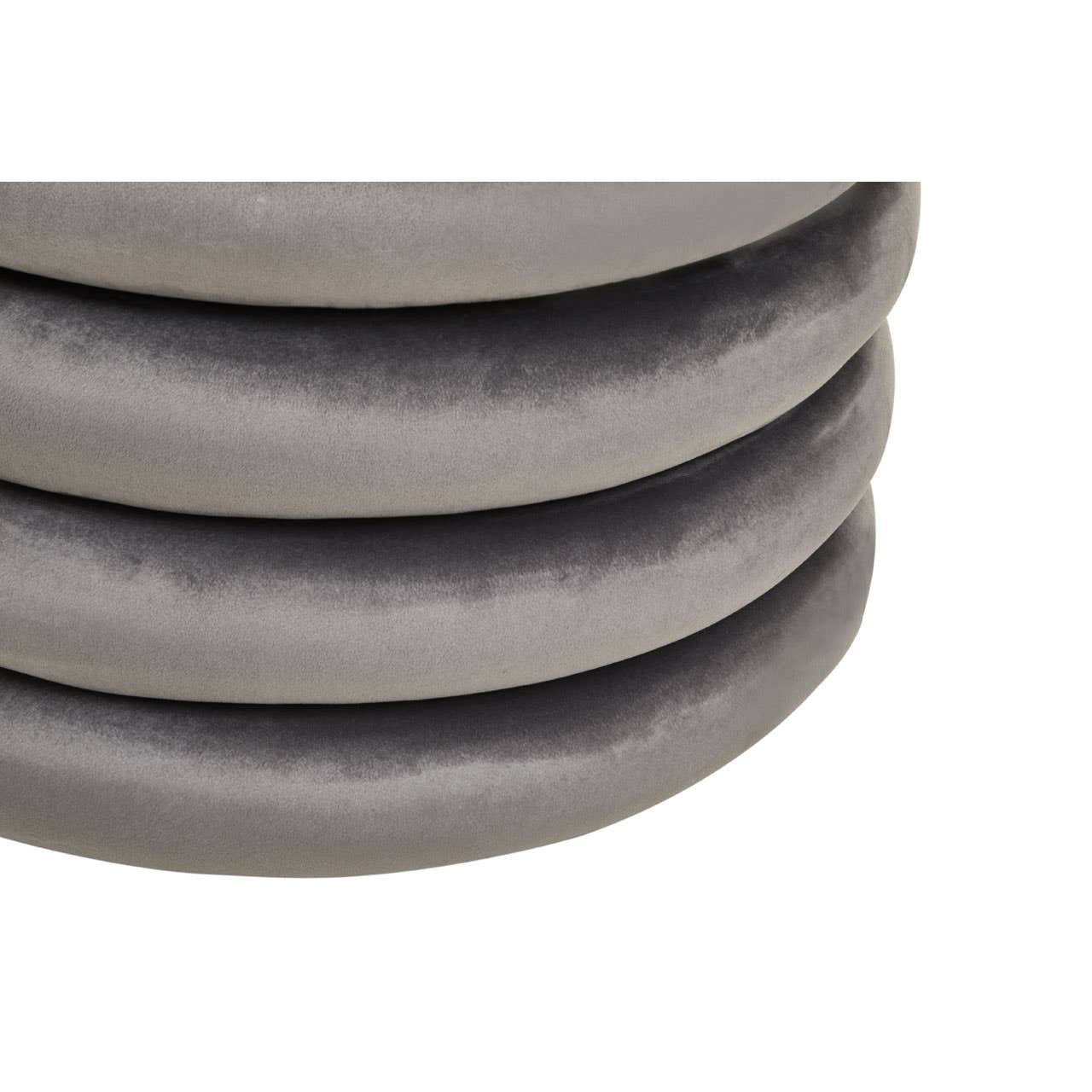 Round pouffe in a soft grey velvet fabric, featuring a stacked design with three circular layers, showcasing a smooth texture and a contemporary style suitable for home decor