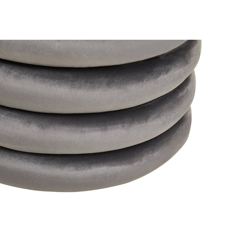 Round pouffe in a soft grey velvet fabric, featuring a stacked design with three circular layers, showcasing a smooth texture and a contemporary style suitable for home decor