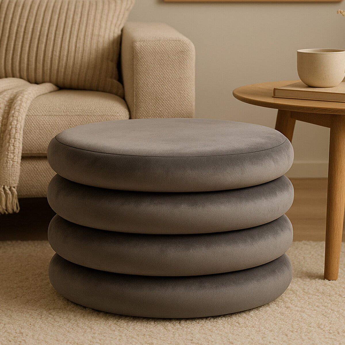 Round pouffe in grey velvet stacked on a light-colored floor, with a cozy sofa and a wooden side table in the background. The pouffe features a smooth, plush surface and a minimalist design, adding a modern touch to the living space
