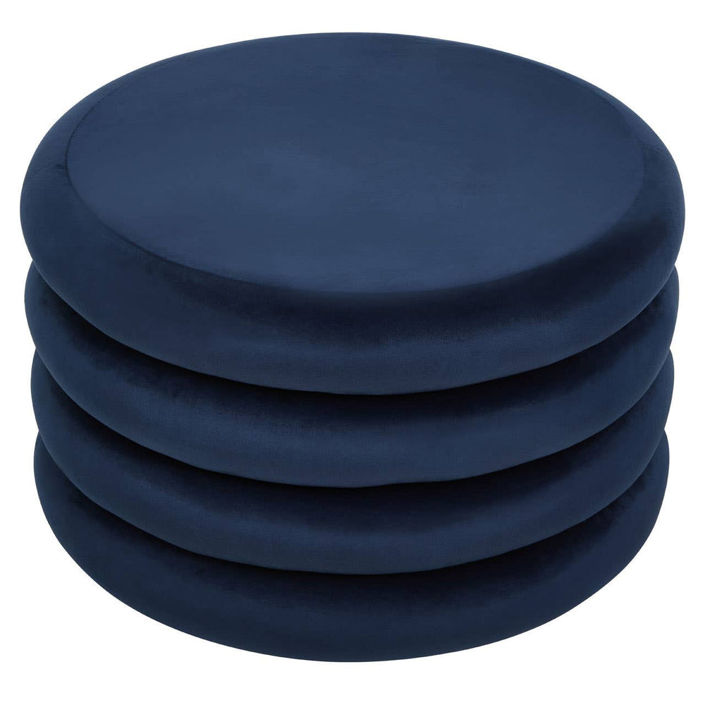 Midnight navy velvet round pouffe with a smooth, soft texture, featuring a simple, modern design and a circular shape, stacked in a neat arrangement