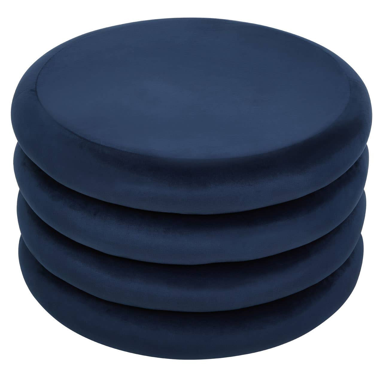 Midnight navy velvet round pouffe with a smooth, soft texture, featuring a simple, modern design and a circular shape, stacked in a neat arrangement