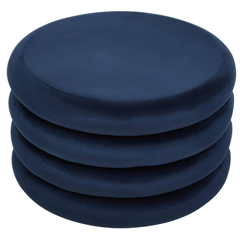 Midnight navy velvet round pouffe with a smooth, soft texture, featuring a simple, modern design and a circular shape, stacked in a neat arrangement