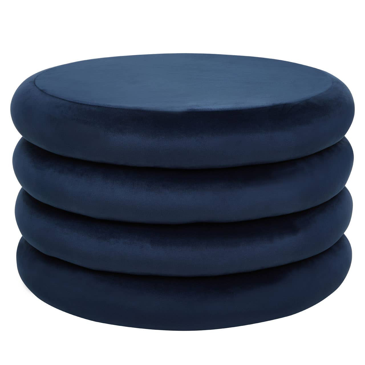 Round pouffe in midnight navy velvet, featuring a smooth, soft texture and a stacked design with four cushions. The pouffe has a deep blue color, ideal for adding a touch of elegance to home decor