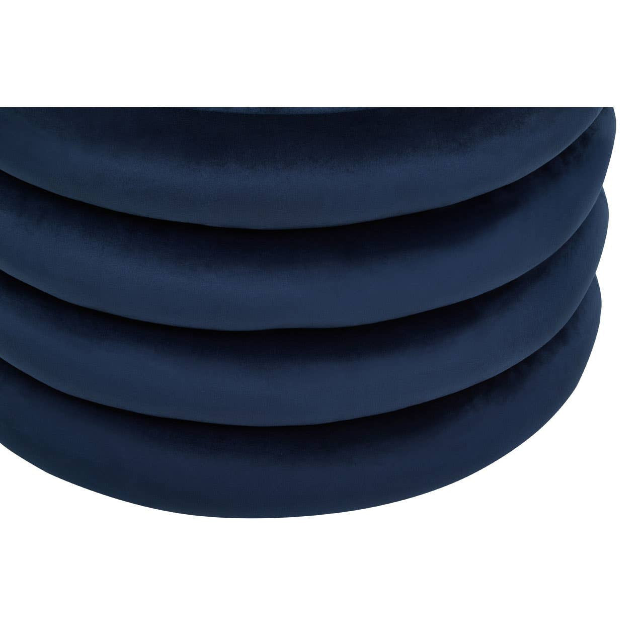Midnight navy velvet round pouffe with a pleated design, showcasing a soft texture and rich color. The pouffe features a circular shape and is designed for both style and comfort