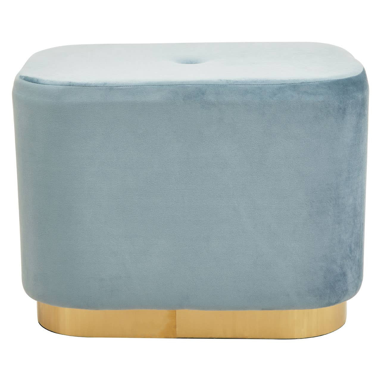 Rectangular pouffe upholstered in soft blue velvet with a smooth top surface, featuring a matte gold base that adds a touch of elegance. The design is modern and minimalist, suitable for various home decor styles