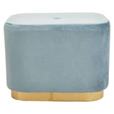 Rectangular pouffe upholstered in soft blue velvet with a smooth top surface, featuring a matte gold base that adds a touch of elegance. The design is modern and minimalist, suitable for various home decor styles
