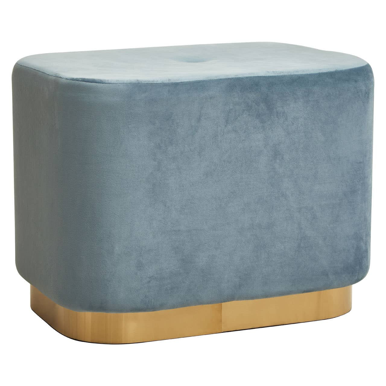 Rectangular pouffe upholstered in soft blue velvet with a matte gold base, featuring rounded edges and a smooth top surface