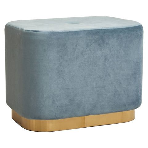 Rectangular pouffe upholstered in soft blue velvet with a matte gold base, featuring rounded edges and a smooth top surface