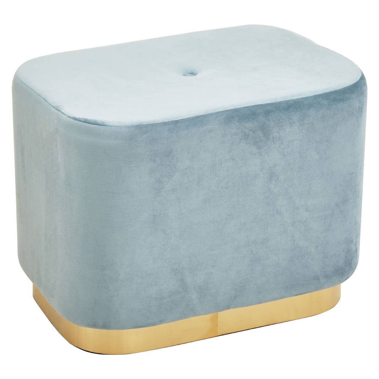 Rectangular pouffe upholstered in soft blue velvet with a subtle button detail on the top, featuring a matte gold base that adds an elegant touch
