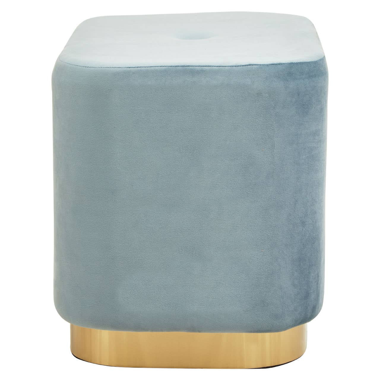 Rectangular pouffe upholstered in soft blue velvet with a matte gold base, featuring rounded corners and a smooth top surface
