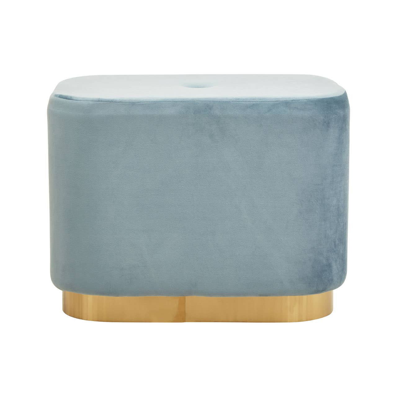 A rectangular pouffe upholstered in soft blue velvet with a smooth matte gold base, featuring rounded edges and a plush top surface