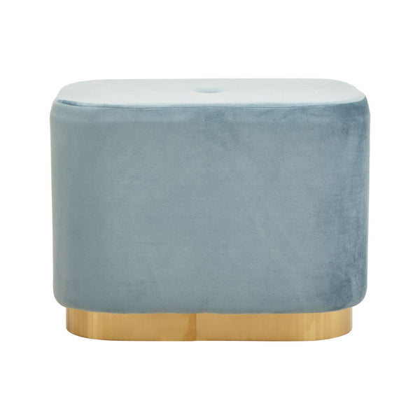 A rectangular pouffe upholstered in soft blue velvet with a smooth matte gold base, featuring rounded edges and a plush top surface