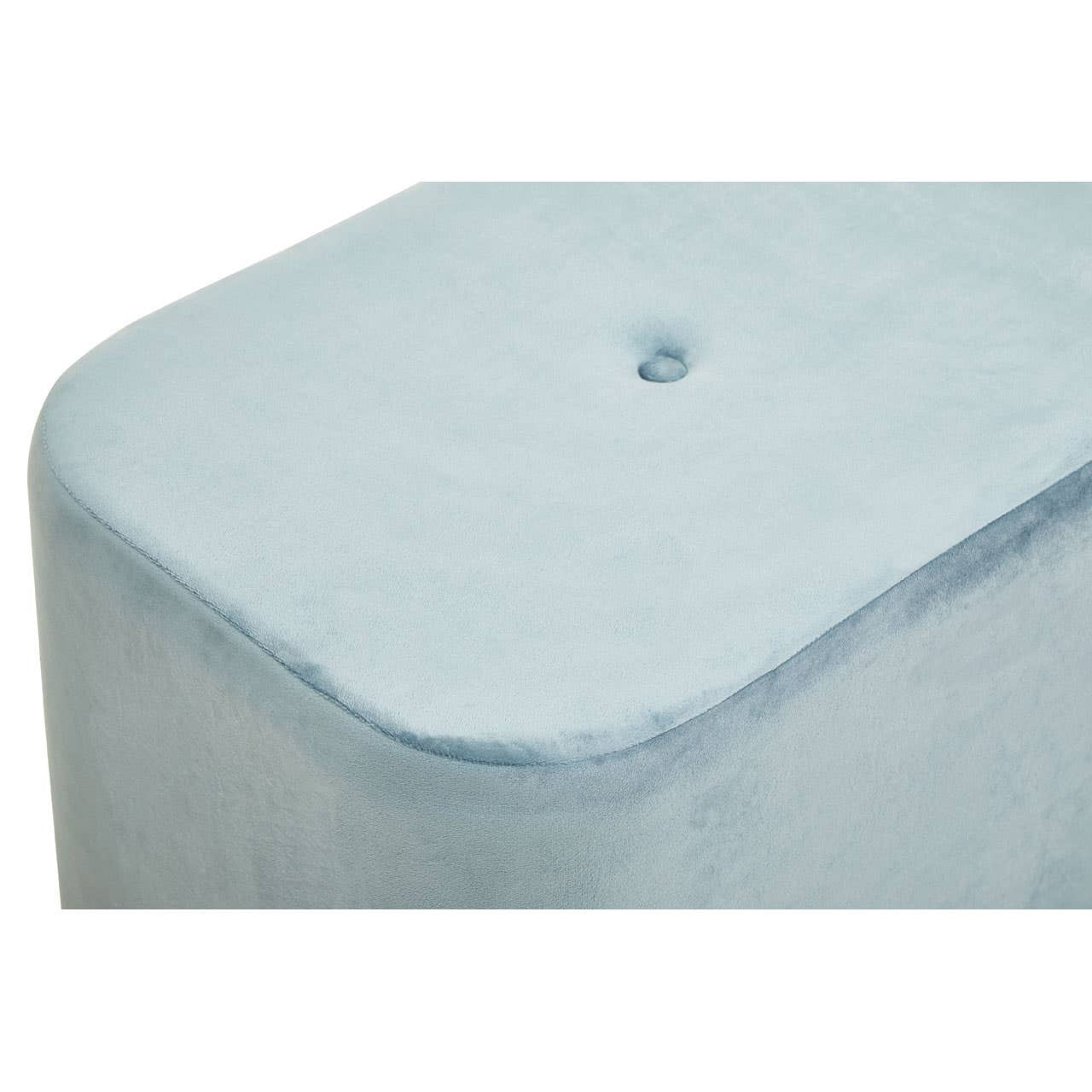 Soft blue velvet rectangular pouffe with rounded edges and a subtle button detail on the top, featuring a matte gold base