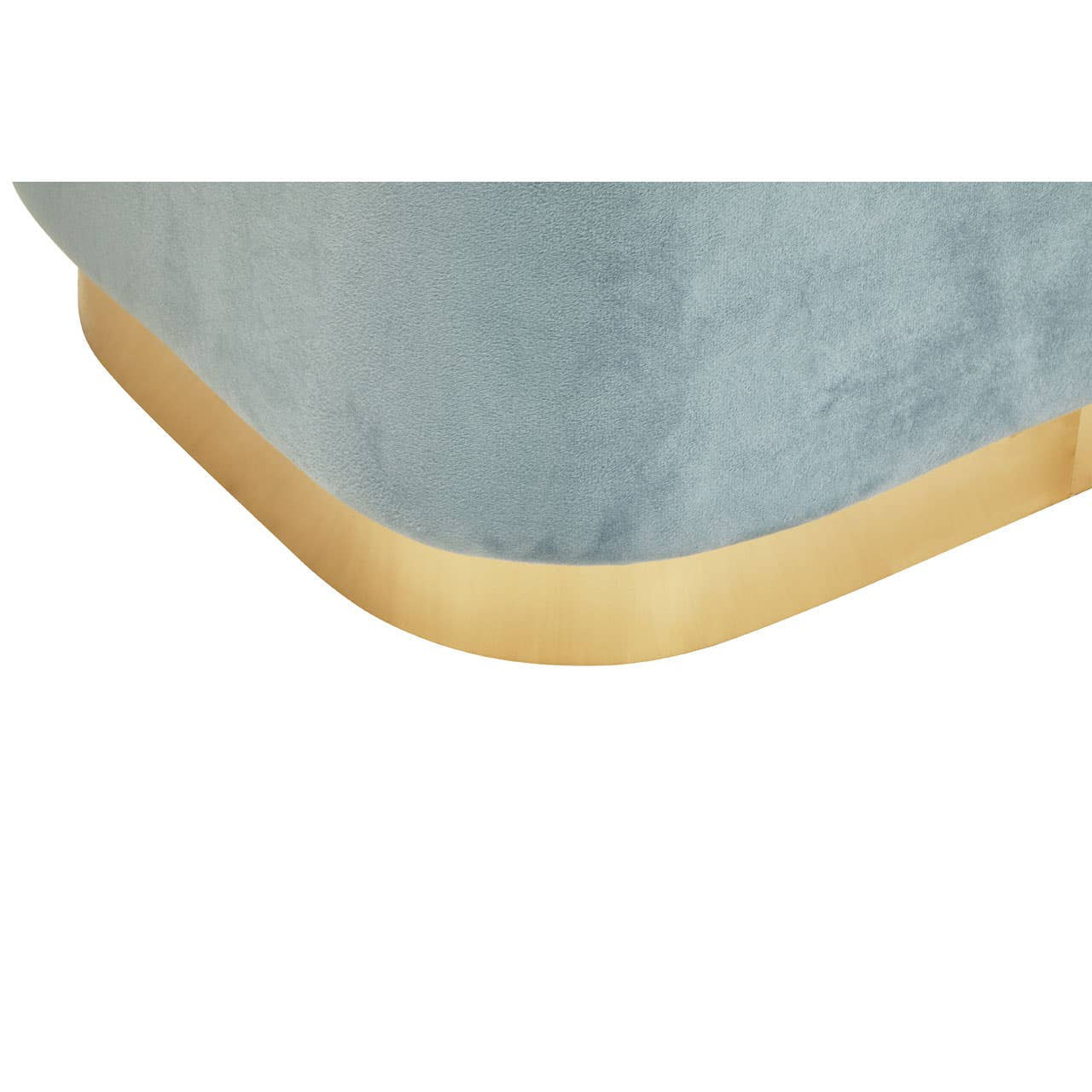 Rectangular pouffe featuring a soft blue velvet upholstery with a smooth matte gold base. The corners are rounded, highlighting the elegant design and color contrast between the fabric and the base