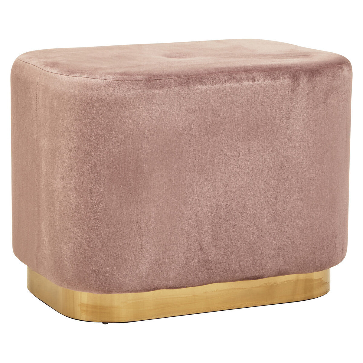 Dusty pink velvet rectangular pouffe with a tufted top and a matte gold base, showcasing a soft texture and elegant design suitable for home decor