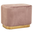 Dusty pink velvet rectangular pouffe with a tufted top and a matte gold base, showcasing a soft texture and elegant design suitable for home decor
