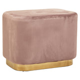 Dusty pink velvet rectangular pouffe with a tufted top and a matte gold base, showcasing a soft texture and elegant design suitable for home decor