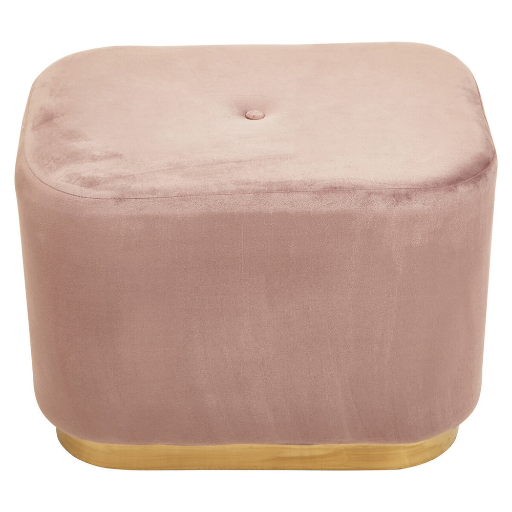 Dusty pink velvet rectangular pouffe with a tufted top and a matte gold base, featuring soft, plush fabric and a sleek design suitable for home decor