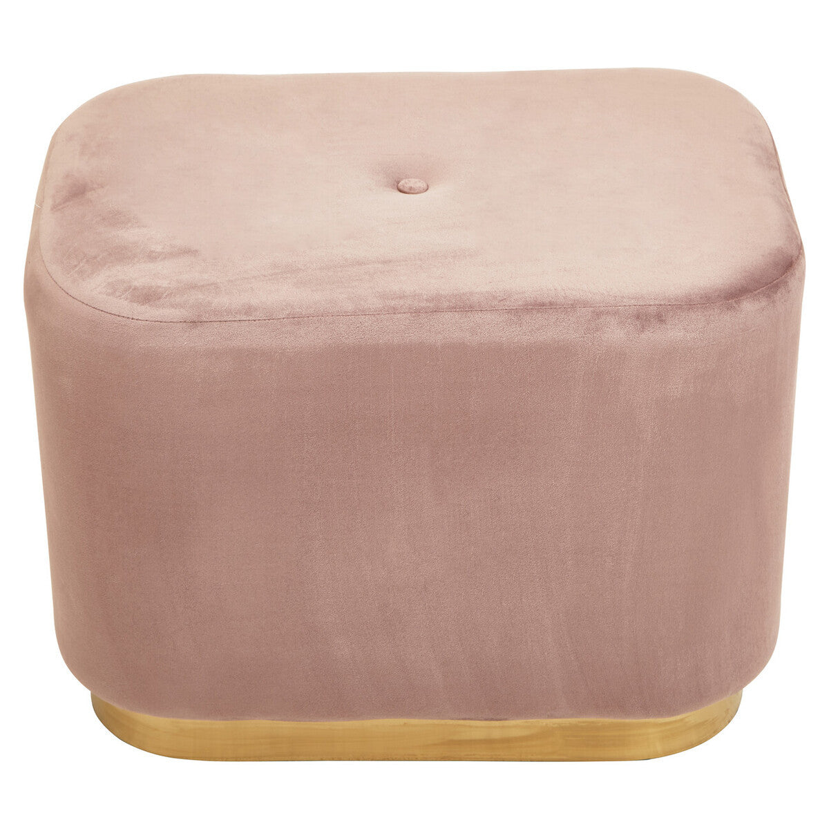 Dusty pink velvet rectangular pouffe with a tufted top and a matte gold base, featuring soft, plush fabric and a sleek design suitable for home decor