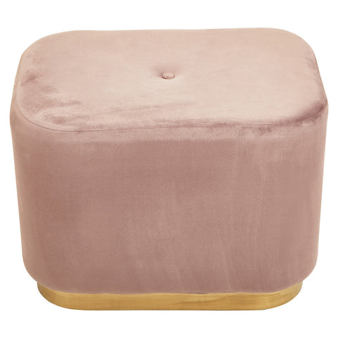 Dusty pink velvet rectangular pouffe with a tufted top and a matte gold base, featuring soft, plush fabric and a sleek design suitable for home decor