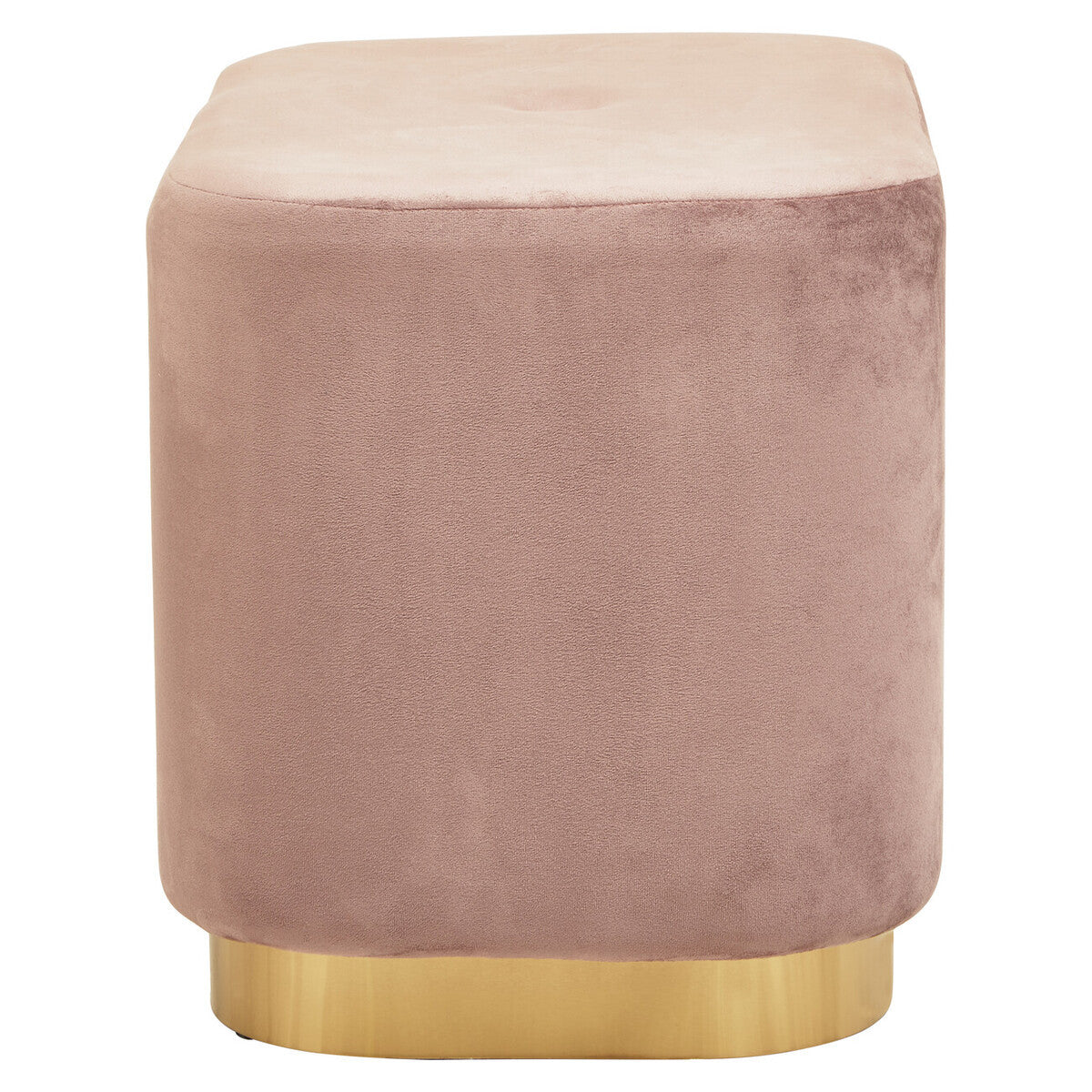 Dusty pink velvet rectangular pouffe with a smooth top and a matte gold base, featuring rounded edges and a soft texture