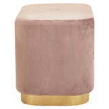 Dusty pink velvet rectangular pouffe with a smooth top and a matte gold base, featuring rounded edges and a soft texture