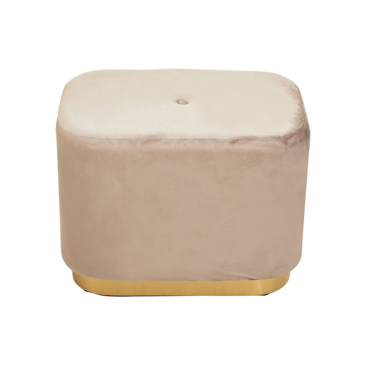 Rectangular pouffe upholstered in soft mink velvet with a smooth matte gold base, featuring rounded edges and a plush top surface