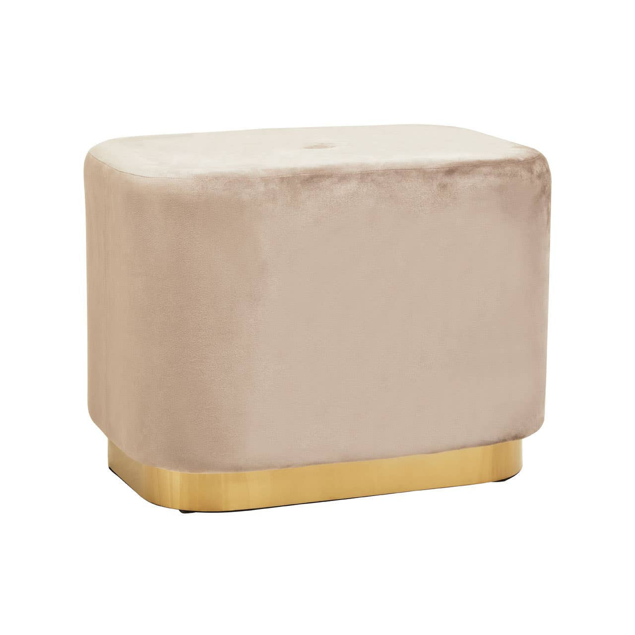 Rectangular pouffe upholstered in soft mink velvet with a smooth matte gold base, featuring rounded edges and a plush top surface