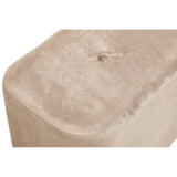 Rectangular pouffe in mink velvet fabric with a soft, textured surface and a matte gold base. The pouffe features rounded edges and a subtle sheen, showcasing its elegant design