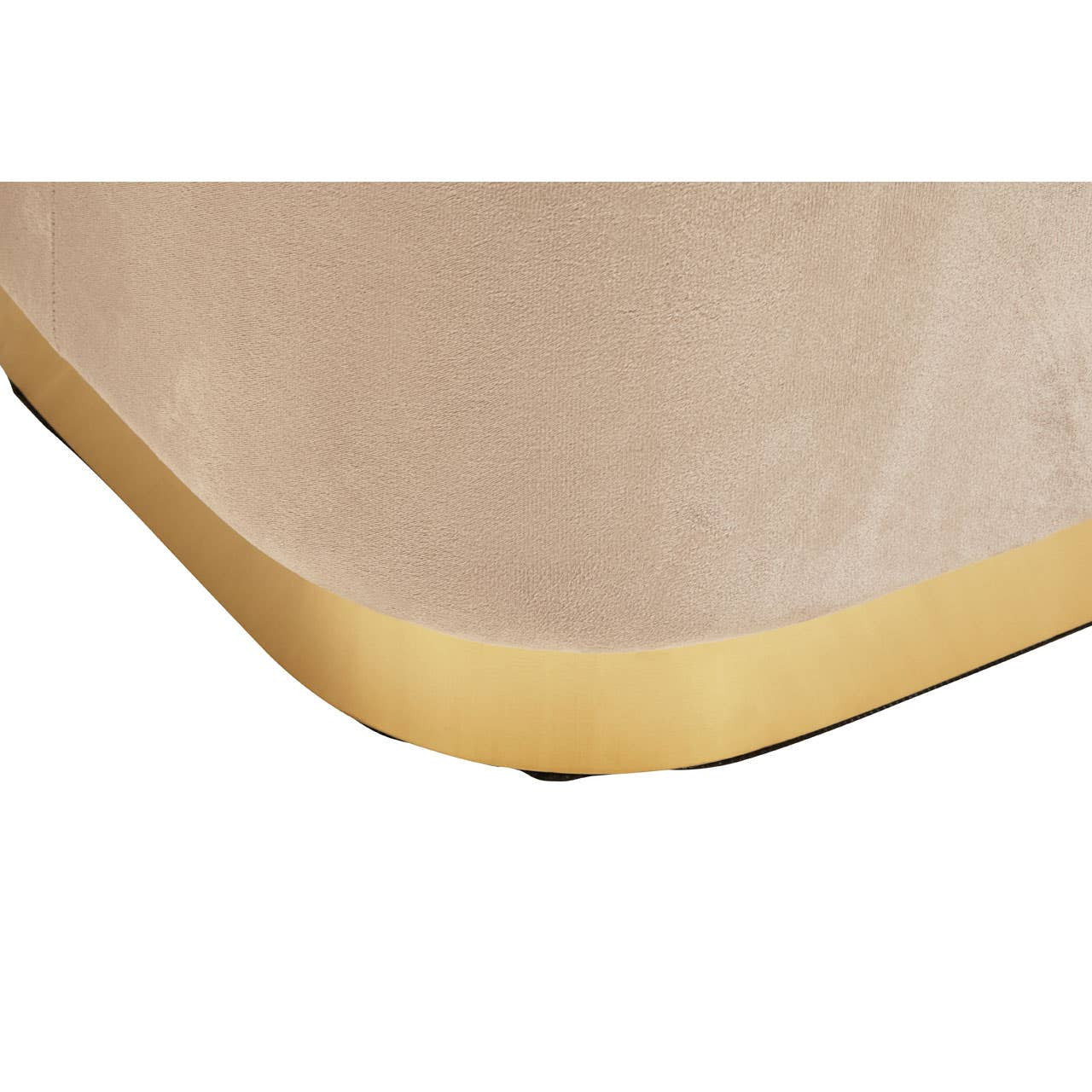 Mink velvet pouffe with a soft, textured surface and a matte gold rectangular base, showcasing a smooth transition from the plush fabric to the metallic finish