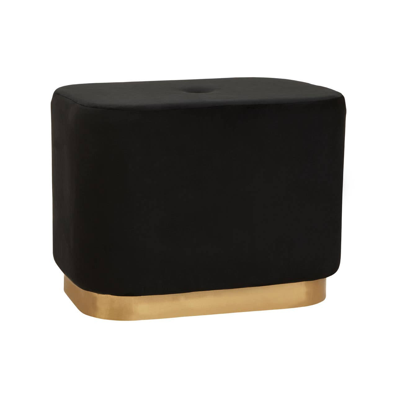 A rectangular pouffe upholstered in black velvet with a matte gold base, featuring a simple and modern design. The pouffe has rounded edges and a flat top, making it suitable for use as a footrest or additional seating