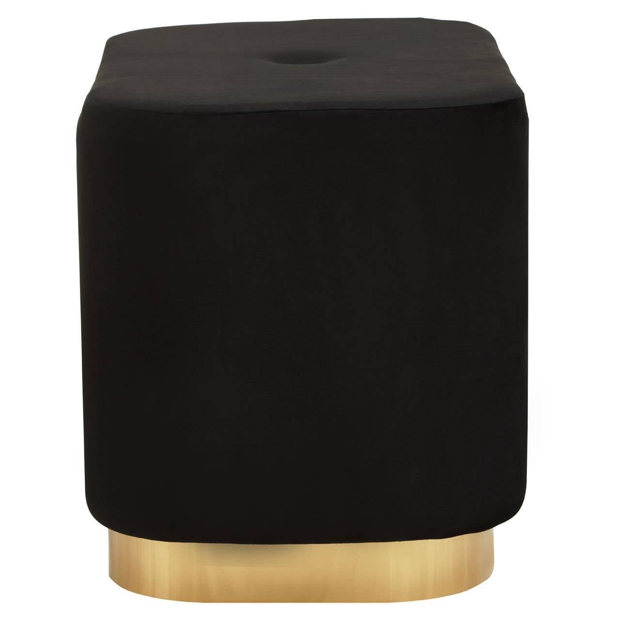 A rectangular pouffe upholstered in black velvet with a matte gold base, featuring a sleek and modern design suitable for home decor