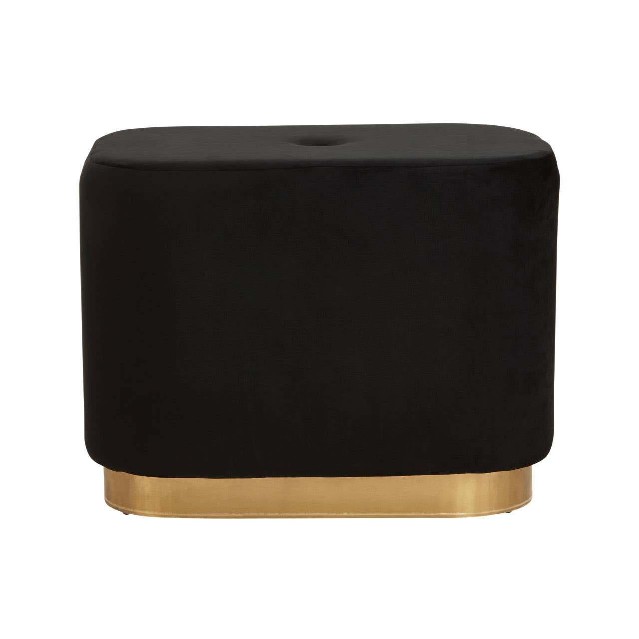 A rectangular pouffe upholstered in black velvet with a matte gold base, featuring a smooth surface and rounded edges, suitable for use as a footrest or additional seating