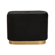 A rectangular pouffe upholstered in black velvet with a matte gold base, featuring a smooth surface and rounded edges, suitable for use as a footrest or additional seating