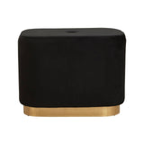 A rectangular pouffe upholstered in black velvet with a matte gold base, featuring a smooth surface and rounded edges, suitable for use as a footrest or additional seating