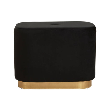 A rectangular pouffe upholstered in black velvet with a matte gold base, featuring a smooth surface and rounded edges, suitable for use as a footrest or additional seating