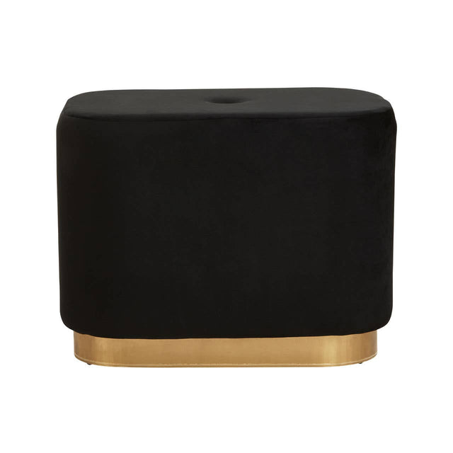 A rectangular pouffe upholstered in black velvet with a matte gold base, featuring a smooth surface and rounded edges, suitable for use as a footrest or additional seating