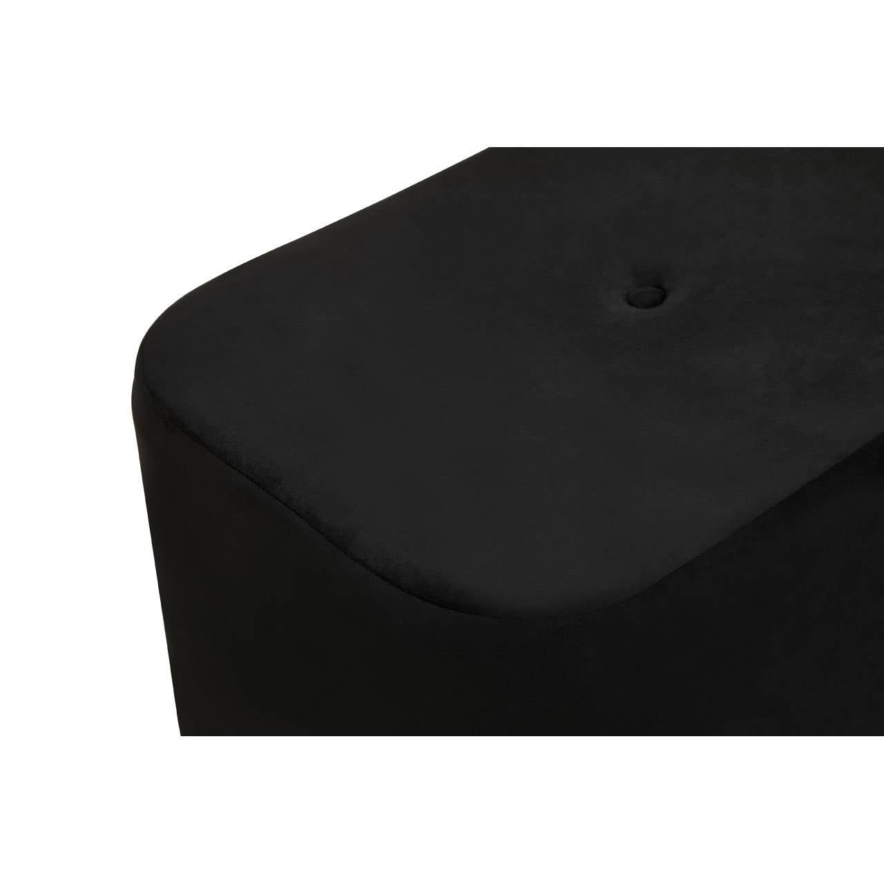 Black velvet rectangular pouffe with a smooth surface and rounded edges, featuring a matte gold accent on the bottom