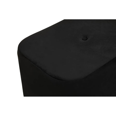Black velvet rectangular pouffe with a smooth surface and rounded edges, featuring a matte gold accent on the bottom