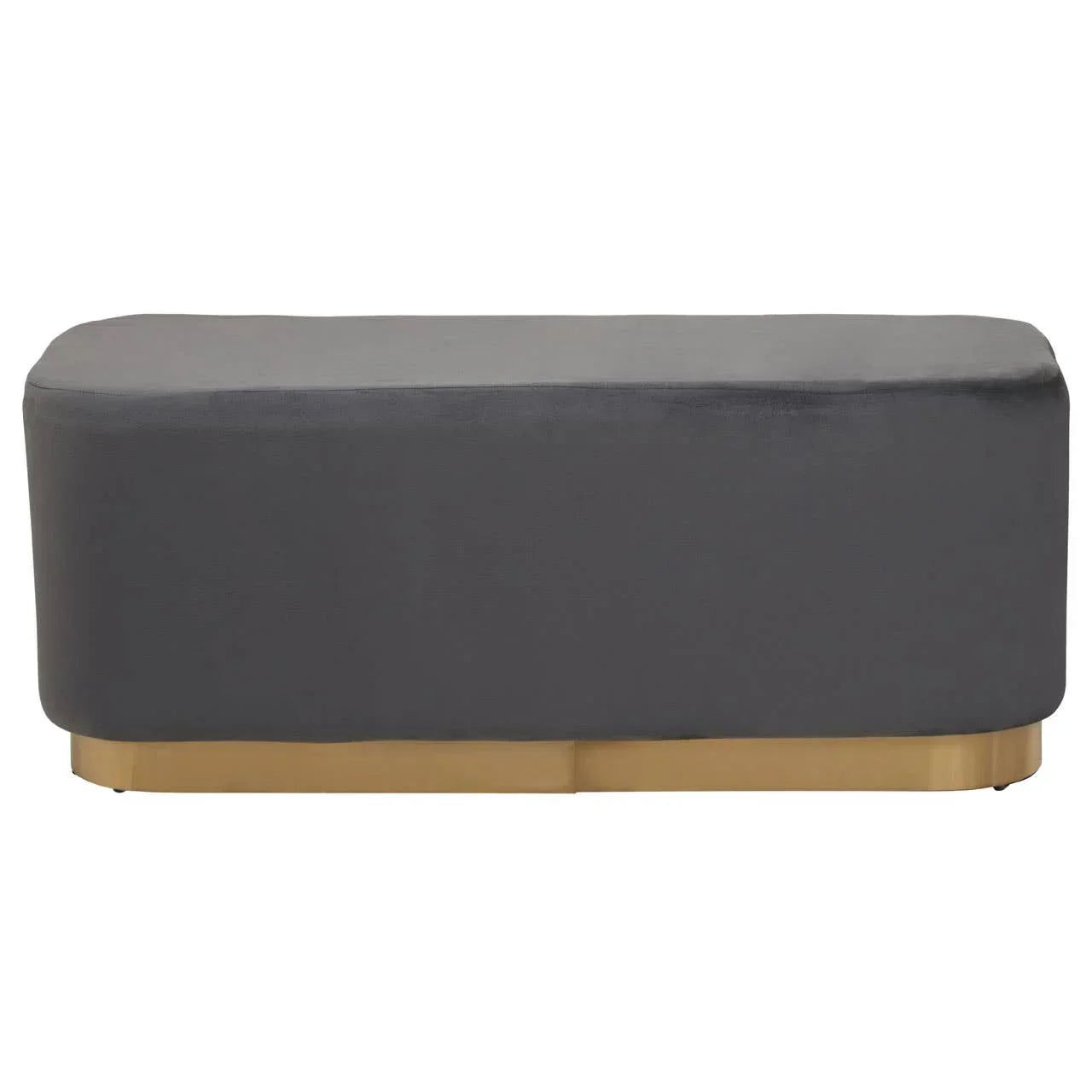 Grey rectangular ottoman with gold base, upholstered in fabric, front view