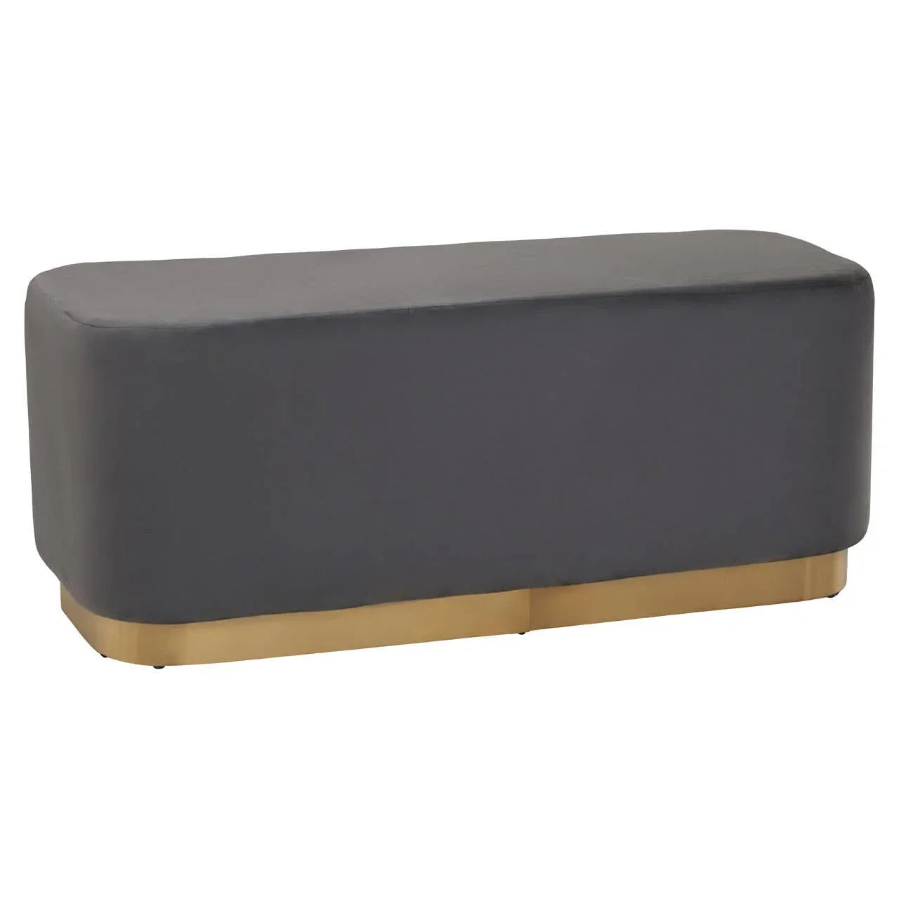 Grey upholstered bench with gold base, rectangular shape, modern furniture accent
