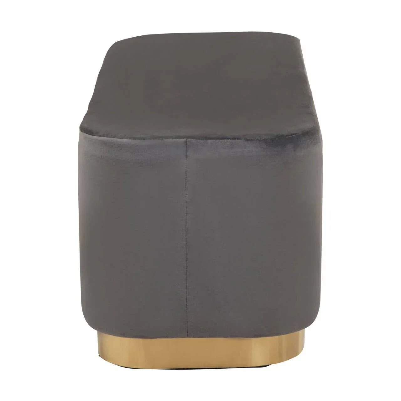 Grey velvet ottoman with gold metal base, side angle view